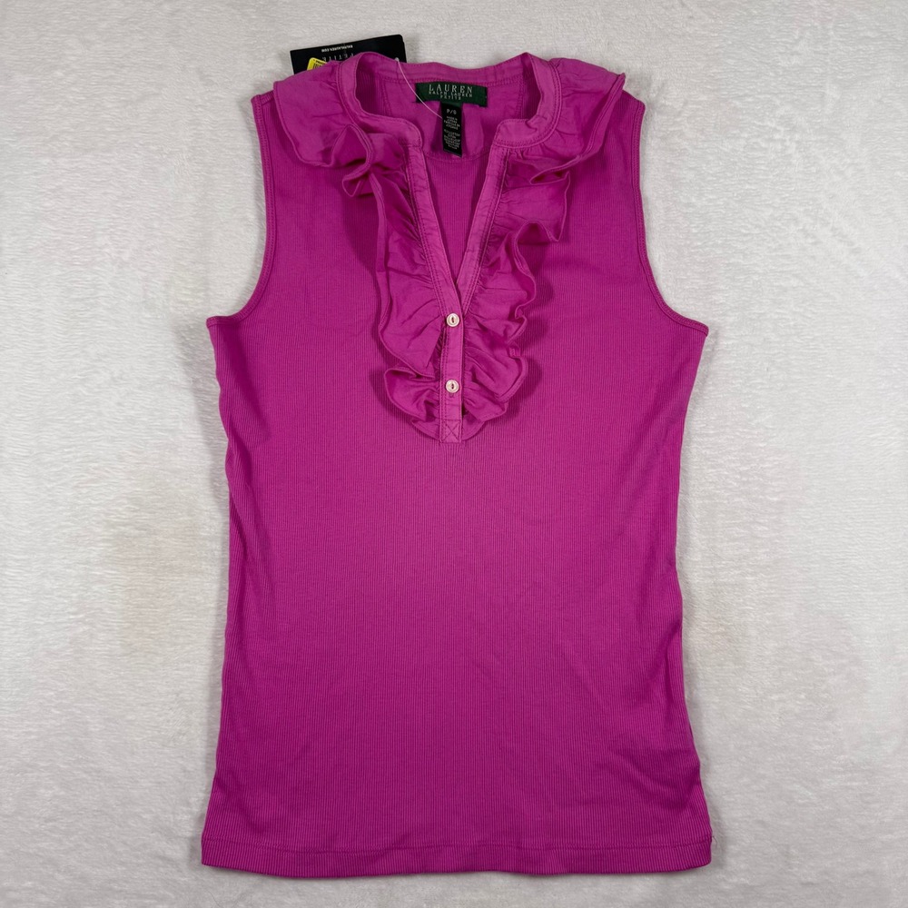 Lauren Ralph Lauren Petite Small Pink‎ Ruffle V-Neck Sleeveless Ribbed Top NWT